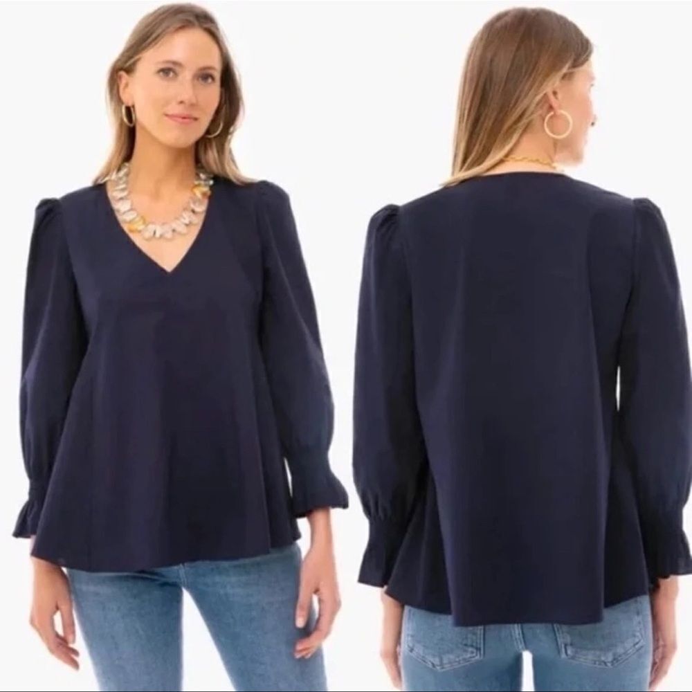 Tuckernuck Pomander Place Easton Poplin Long Sleeve Blouse Navy Small Preppy
